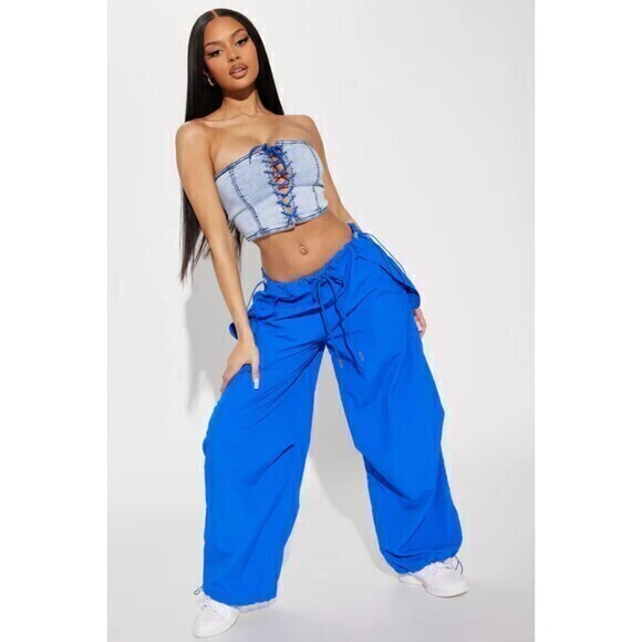 Fashion Nova Tops - Denim‎ Acid Wash Blue Lace up Tube Top Size Large RefM101